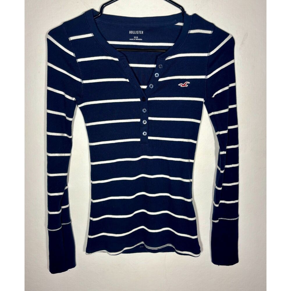 Hollister Womens XXS Ribbed Henley Shirt Navy White Stripe Long Sleeve Logo Top